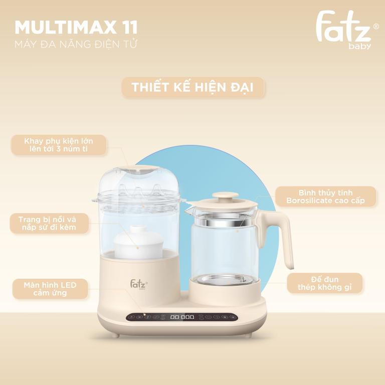 Máy đa năng điện tử Fatz (tiệt trùng/sấy khô/hâm sữa/hấp/hầm cháo chậm/đun & hâm nước ) Multimax 11 – FB9502KB
